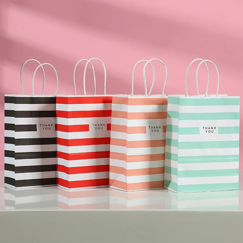 

AVEBIEN 2021 Kraft Paper Simple Color Stripe Printing Portable Bag Clothing Accessories Packaging Gift Bag Event Party Supplies