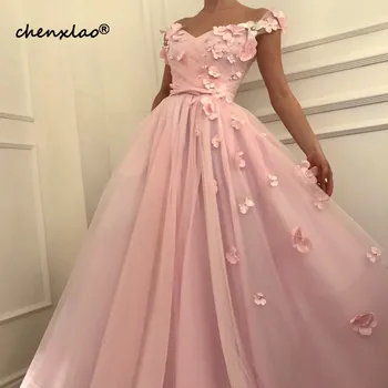 

Abendkleider Pink Evening Dress Sheers A-Line Off The Shoulder 3D Flower Evening Dresses Long Prom Party Dress Formal Gowns