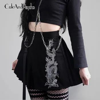 

Gothic Women's y2k Pleated Skirts Summer Dragon Embroidery A-line Mini Skirts Vintage Fashion Streetwear 90s Skirts Cuteandpscho