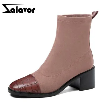 

ZALAVOR Plus Size 32-46 Women Ankle Boots Square Toe Thick Heel Slip On Shoes Patchwork Shoes Female Footwear Fashion Boots
