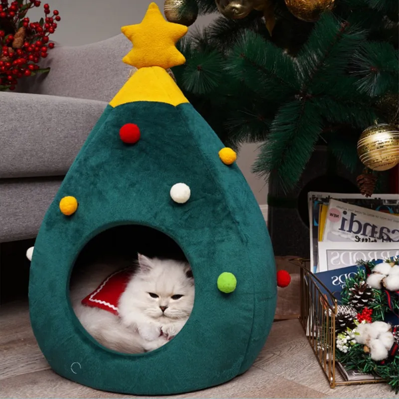 

Cat Cave Bed Christmas Tree Shape Semi-Closed Pet Nest Cats Pets House Winter Warm Sleeping Bed Puppy Mat