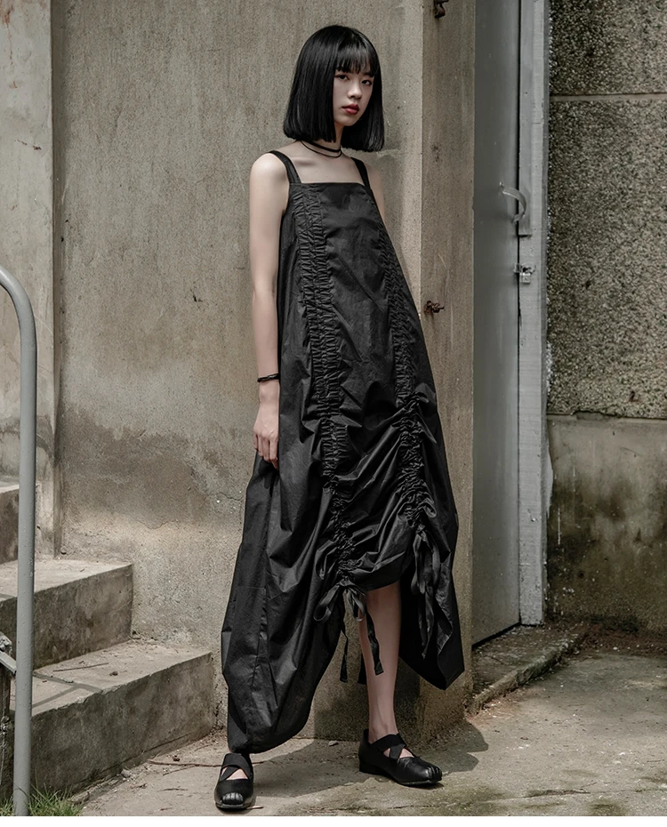 [EAM] женское черное асимметричное длинное платье с завязками, новинка, круглый вырез, без рукавов, свободный крой, модный стиль, весна-осень JW632