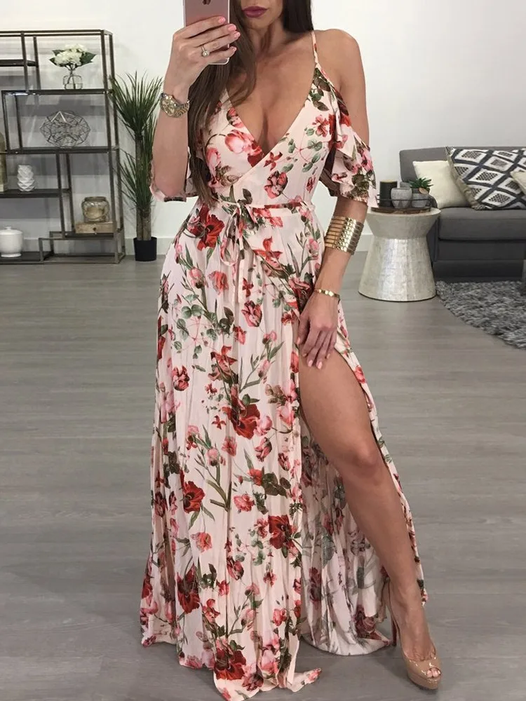 

Linglewei 2019 New women's fashionable sexy deep V suspender dress split beach dress