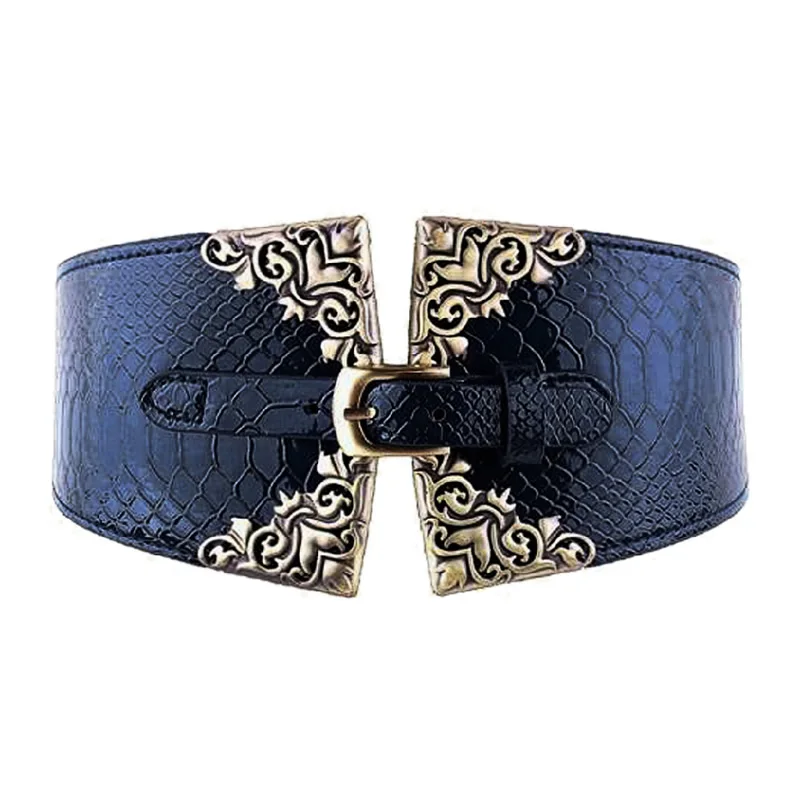 Lady Women Elastic Waistband Faux Leather Wide Waist Belt Retro Metal Buckle DXAA