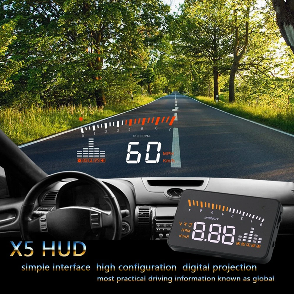 X5 автомобильный HUD Дисплей автомобиля OBD2 автомобильный измеритель скорости лобовое стекло проектор скорость вождения сигнал напряжения MPH км/ч дисплей