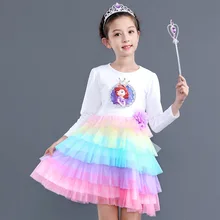 Осеннее платье принцессы Эльзы на Хэллоуин; платья для девочек; костюмы для детей; нарядные вечерние многослойные платья радужной расцветки; одежда для маленьких девочек