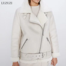 LUZUZI, женская бежевая Меховая куртка из искусственной кожи, пальто с поясом, отложной воротник, для девушек,, зимнее плотное теплое пальто большого размера