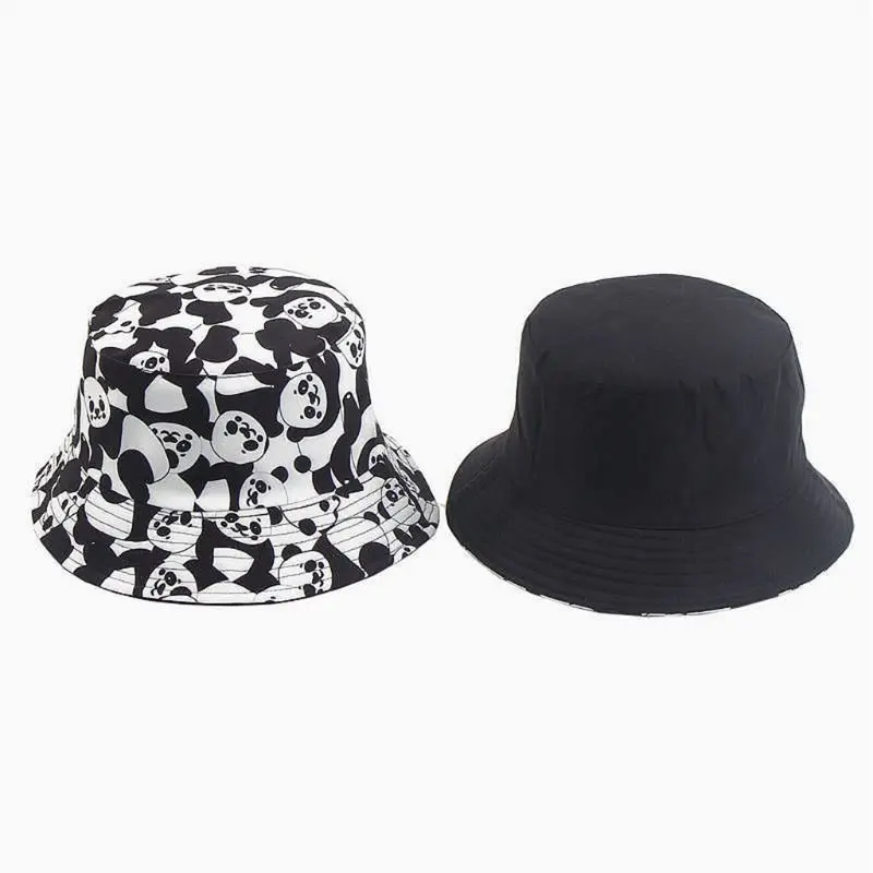 Unisex Summer Cotton Bucket Hat Black White Panda Animal Print Reversible Outdoor Sunscreen Hip Hop Panama Fisherman Cap