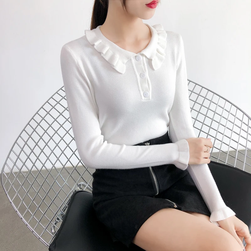 2019 Women Flare Sleeve Ruffles Sweaters Winter elastic Slim Ladies knit Soft Pullovers female Tops fashion jumpers cardigan for women