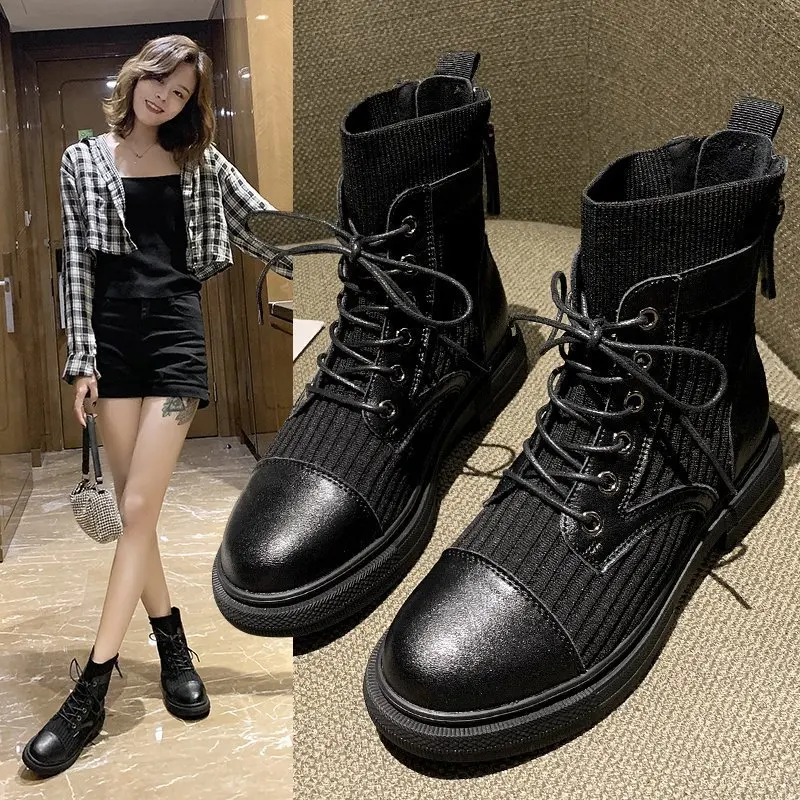 Женские кожаные ботинки Dr. Martens на плоской подошве в британском стиле вязаные