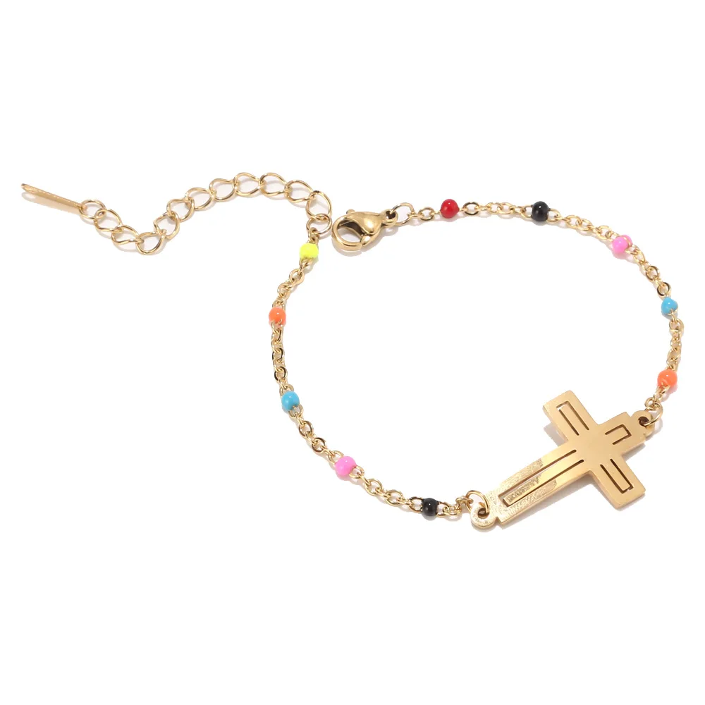 Нержавеющая сталь крест Золотая цепь регулируемый браслет с бусинами из нержавеющей стали бисерные женские браслеты для женщин христианские подарки - Окраска металла: Gold Rainbow