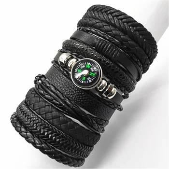 

Compass 10pcs/set Black Wrap Woven Fashion Handmade Men Bracelets Male Women Leather Bracelet Men Bangle Wholesale Jewelry Gift
