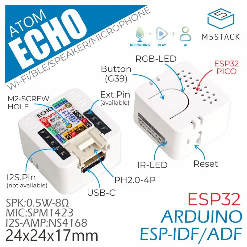 M5Stack Official ATOM Echo Smart Speaker Dev Kit Speaker Extension Board WiFi Bluetooth IoT Voice control afbeelding