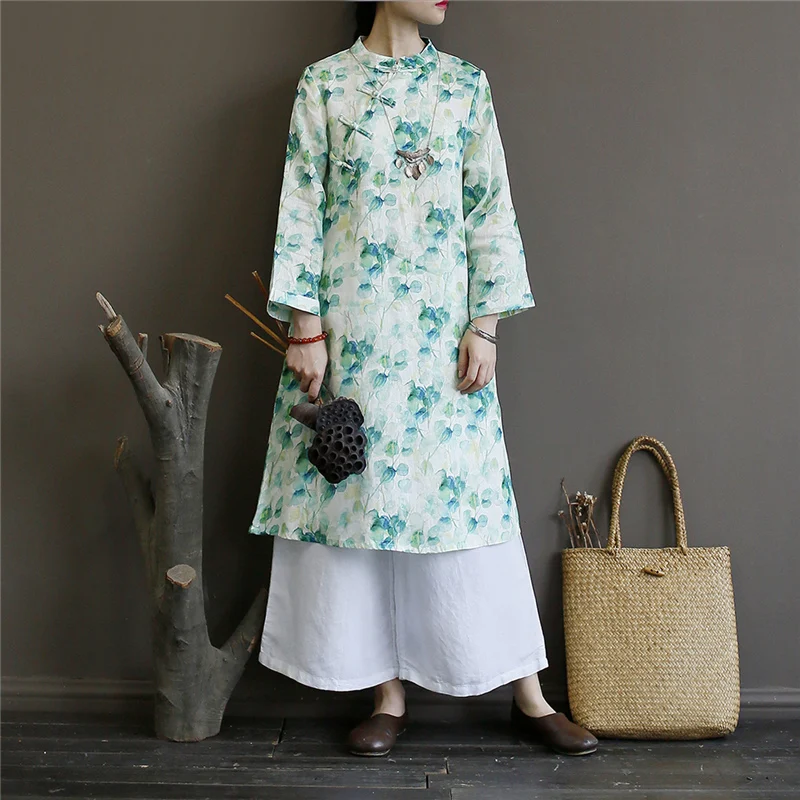 Johnature женское платье с цветочным принтом, льняное винтажное платье Cheongsam, осень, новое свободное высококачественное женское платье в китайском стиле