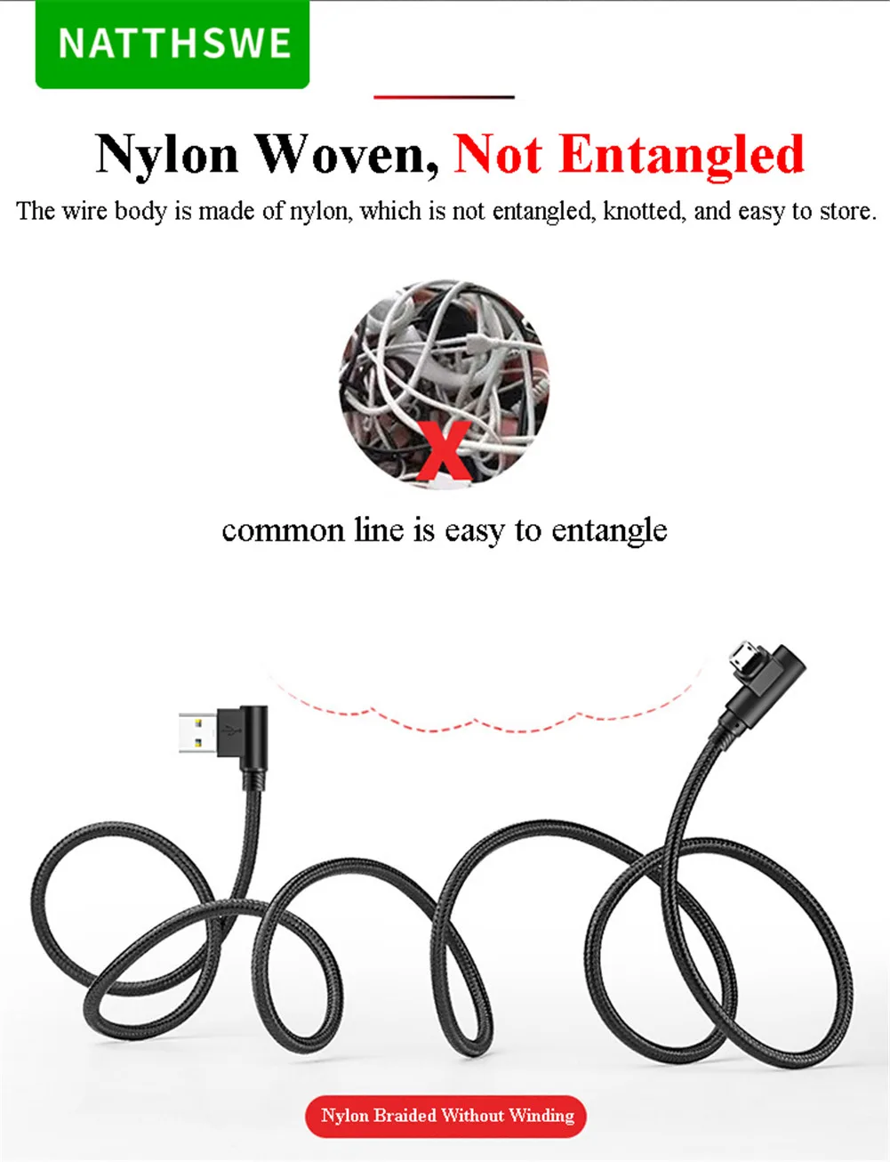 NATTHSWE 90 Degree Double Elbow Micro USB Data Cable Nylon Braided Fast Charging Line for Android Phone Short Paragraph