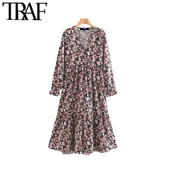 

TRAF Women Vintage Elegant Floral Print Pleated Midi Dress Fashion V Neck Long Sleeve Female Dresses Chic Vestidos Mujer