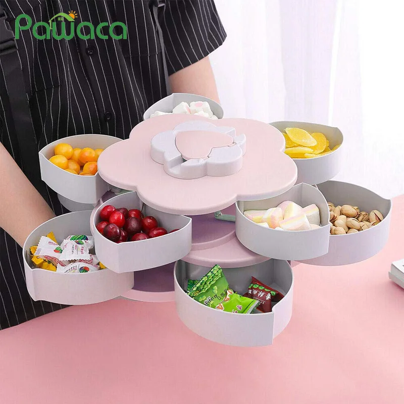 

Double Layer Petal-Shape Rotating Snack Box Candy Plates Double-deck Tray Food Storage Box Bloom Flower Design Jewelry Organizer