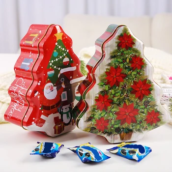 

Christmas Tree Shaped Tin Case Christmas Santa Claus Biscuits Candy Storage Tin Box Metal Snowman Printed Sealed Jar Organizer