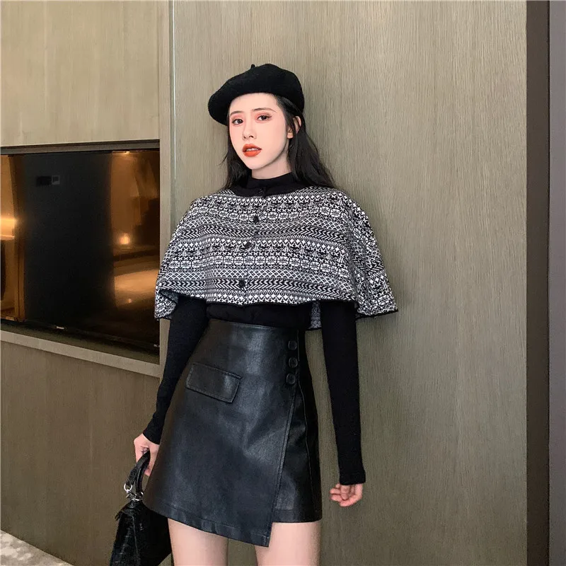 

Photo Shoot 2020 Retro Western Style Cloak Shawl Knitted Sweater Base Shirt + Slimming High-waisted Leather Skirt Three-piece Se