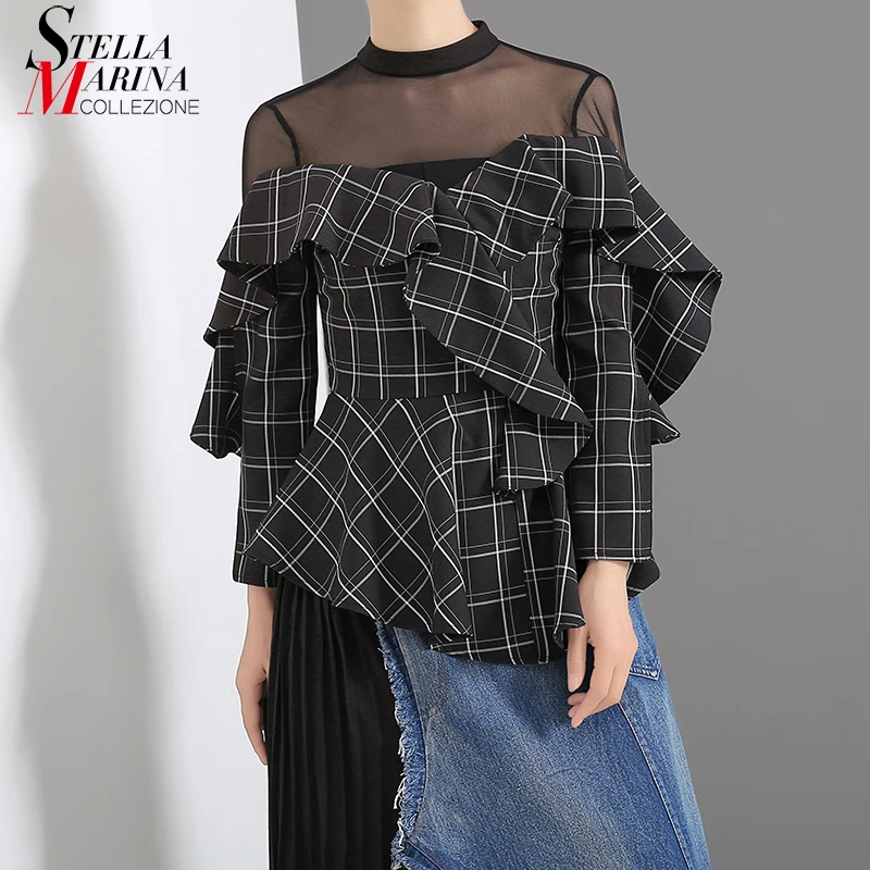 

2019 Women Summer Black Plaid Blouse Shirt Long Sleeve Upper Mesh Part Patchwork Ladies Casual Feminine Shirt chemise femme 5385