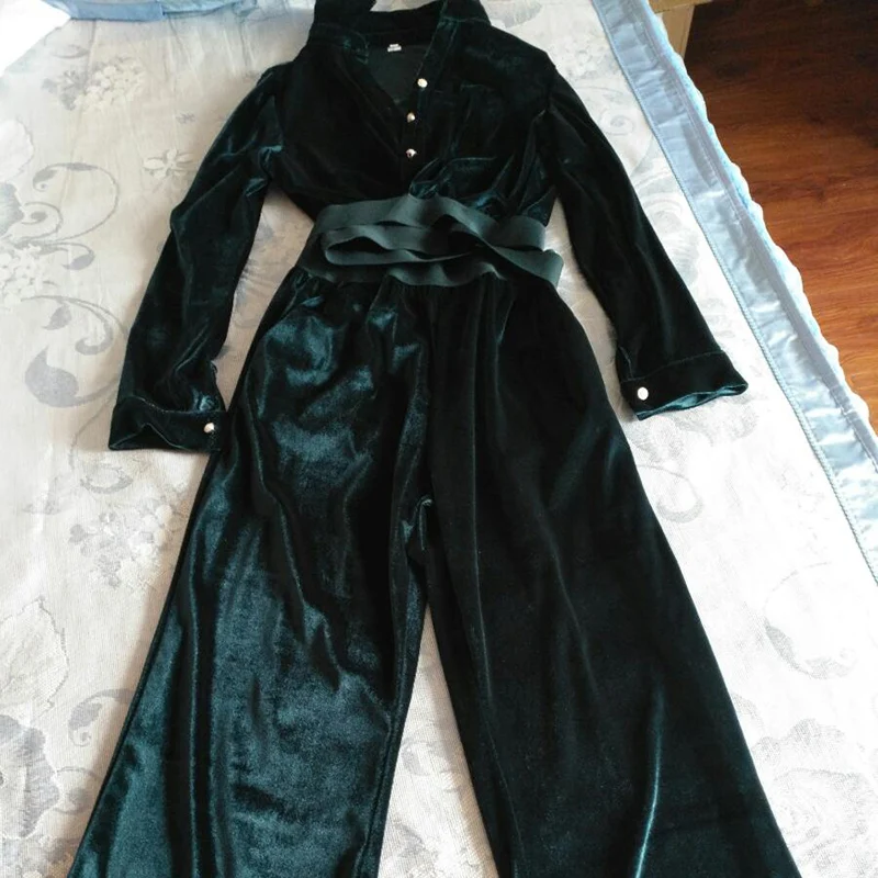 Ensemble Femme, комплект из двух предметов, бархатный костюм для женщин, модный тонкий ремень, Офисная Леди, блузка и широкие брюки, Элегантные Вечерние черные костюмы