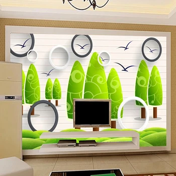 

Custom Any Size Mural Wallpaper Modern Simple Cartoon Green Tree Circle Sticker Living Room TV Sofa Home Decor PVC Self-Adhesive