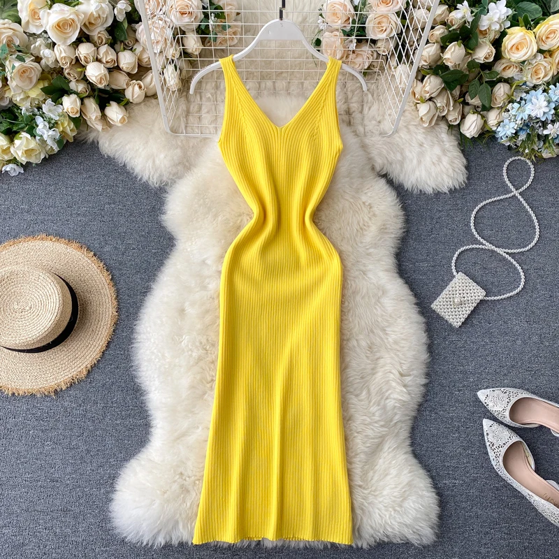 2020 sexy Slim v neck Knitted Midi Dress tank sundresss vestido de fiesta split Summer Party Women Casual Knee Length dress