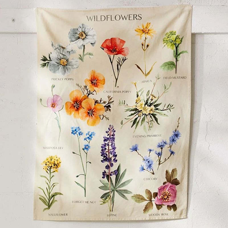 Botanical Wildflower Tapestry Wall Hanging Flower Chart Bohemian INS Home DeKZT 