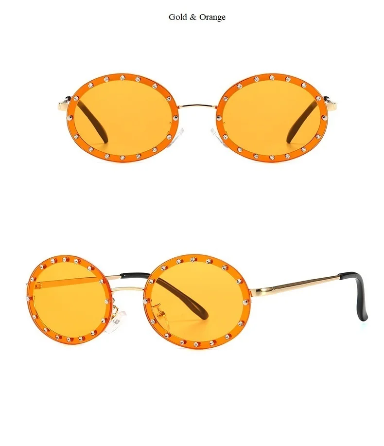 Цельными круглыми кристаллами Рамки Овальные Солнцезащитные очки для Для женщин Элитный Бренд стразы солнцезащитные очки для женщин, винтажные оправы Небольшой Сплав оттенков