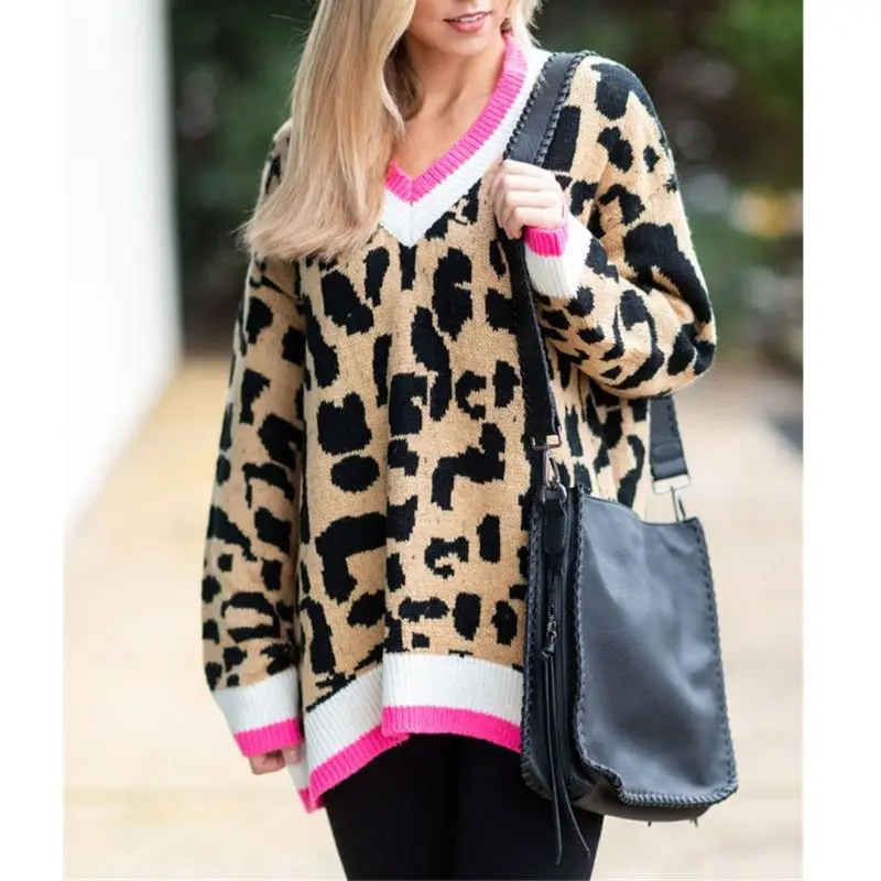 

2019 Autumn Women Loose Leopard Print Stiching Sweater Knitted Pullover Knit Sweater Oversized Jumpers for Females 449F
