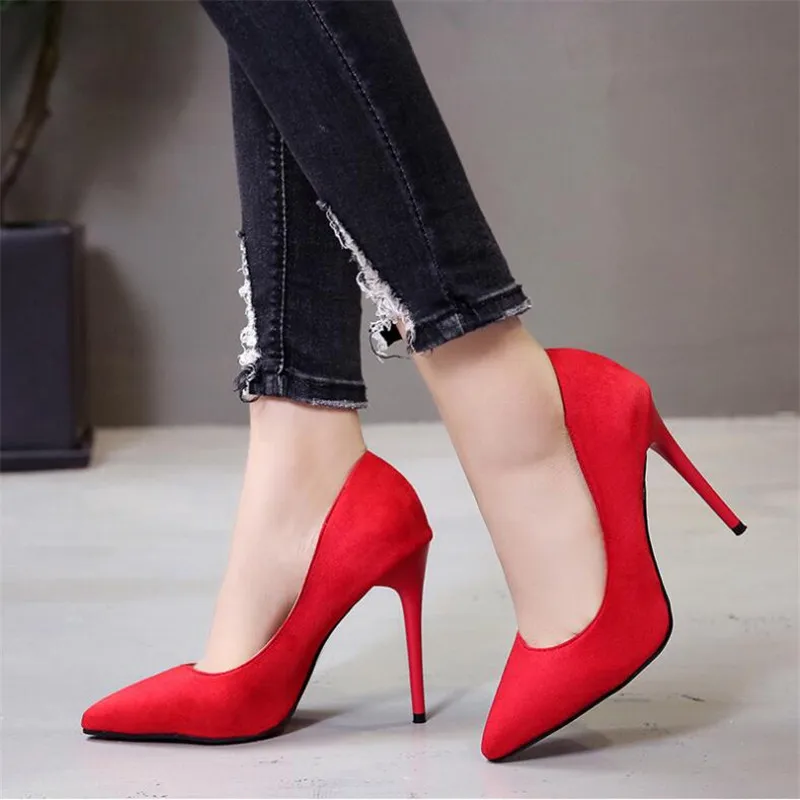 Туфли-лодочки большого размера 44; женская обувь; красные флоковые неглубокие Свадебные вечерние туфли-лодочки на высоком каблуке с острым носком без застежки; chaussures femme;