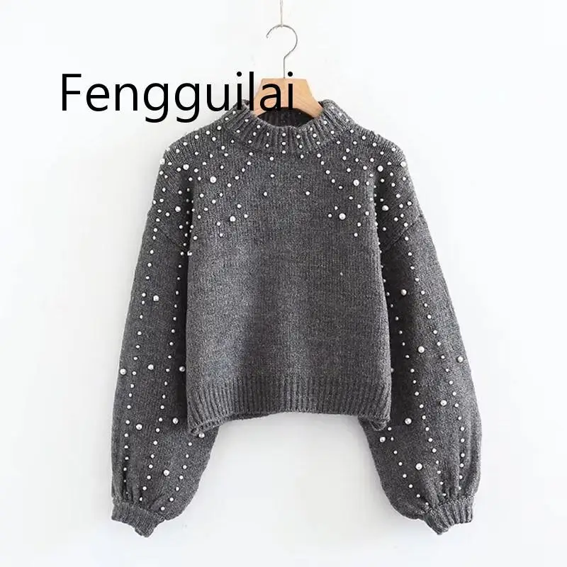 FENGGUILAI Pearl Turtleneck Autumn Winter Knitted Sweater Women Lantern Sleeve Loose Solid Pullover Girls Soft Warm Casual Jumpe FENGGUILAI Pearl Turtleneck Autumn Winter Knitted Sweater Women Lantern Sleeve Loose Solid Pullover Girls Soft Warm Casual Jumpe
