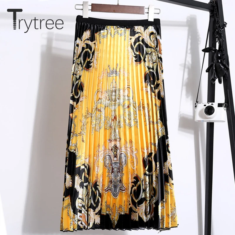 Trytree/осенне-зимняя женская повседневная юбка в стиле ампир, желтая плиссированная трапециевидная модная юбка с эластичной талией до середины икры для офиса