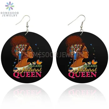 

SOMESOOR Educated Natural Queen Wooden Drop Earrings Inspiring Black Art Design Afro Beauty Wood Dangle Jewelry For Women Gifts