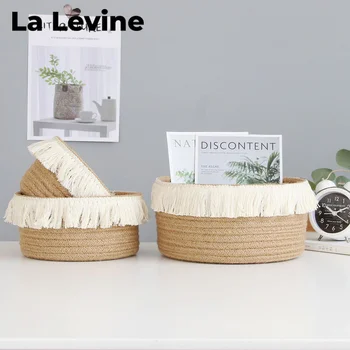 

Tassel Storage Box Jute Weave Basket Sundries Organization Basket Mini Desktop Storage Bag Large Medium Small Country Style