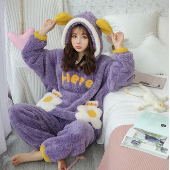 

2020 Winter New Product Flannel Pajamas Women Thick Long-sleeved Hooded Cartoon Home Clothes Cute Coral Plush Two-piece Suit