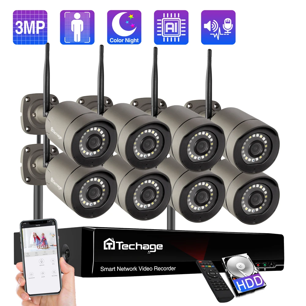 US $187.48 Techage 8CH 3MP WiFi Security Camera System Twoway Audio AI Human Detection Color Night Vision Outdoor Wireless Camera Kit P2P