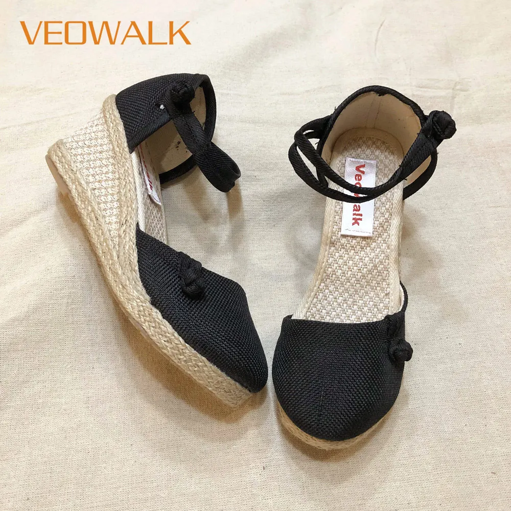 Veowalk Handmade Women Closed Toe Linen Wedge Espadrilles Sandals Summer Ladies Casual Ankle Strap Comfortable Platform Shoes