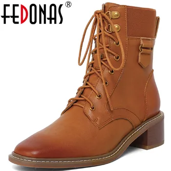 

FEDONAS Metal Decoration Motorcycle Boots Side Zipper Thick Heels Ankle Boots Heels 2020 Fashion Office Lady Working Shoes Woman