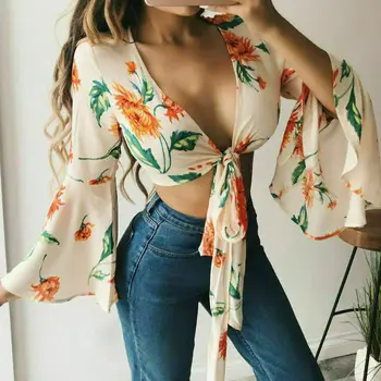 

Women Printed Tie Up Knot Front Lady Cropped Belly Bolero Shrug Crop V Neck Top