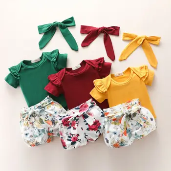 

2020 Kids Floral Clothing Baby Girls Clothes Ruffle Sleeve Romper Tops Bodysuit+Flower Print Shorts Outfits Infant Costume