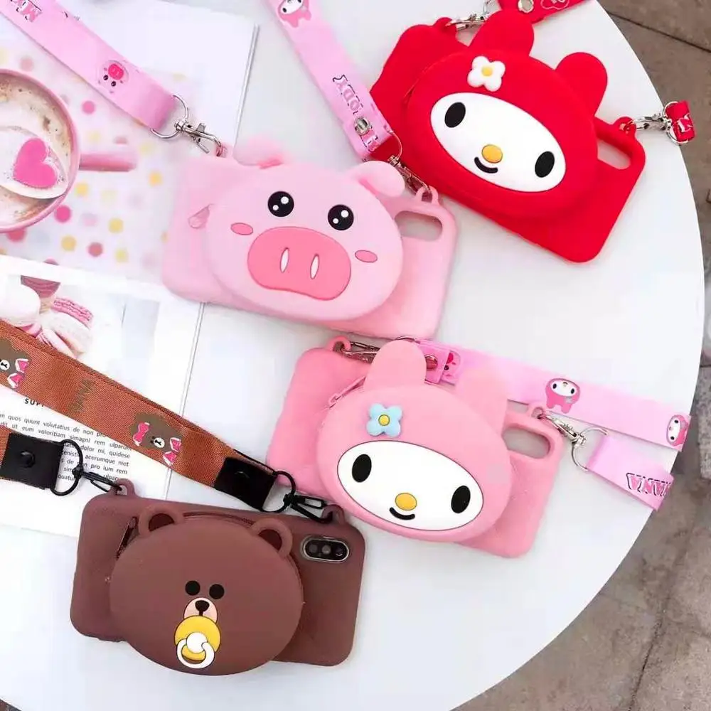 EPENA phone Cover Case for iphone 11 pro XR XS Max 7 8 plus 6 6S Plus Super Cute 3D Cartoon My Melody Dog Bear Lanyard Soft bag