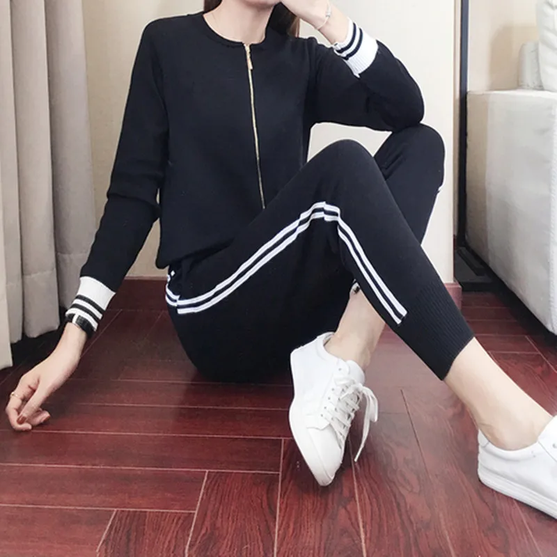 

2019 Side Striped Women Winter Knitting Set Women Sweater Top And Full Pant 2 Piece Set Suit Casual Women Tracksuit
