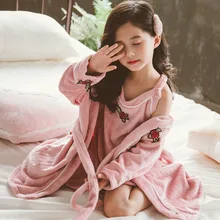 Фланелевые пижамы для девочек с цветочной вышивкой; теплые детские пижамы; комплекты одежды для сна для маленьких девочек; бархатный халат+ слинги; комплект детской одежды для сна