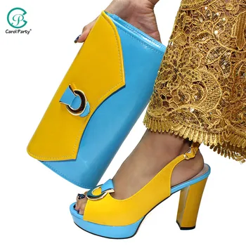 

2020 Lastest Italian design Shoes and Bag To Match Shoes with Bag Set Yellow and Blue Colorful Shoe and Bag Set for Party