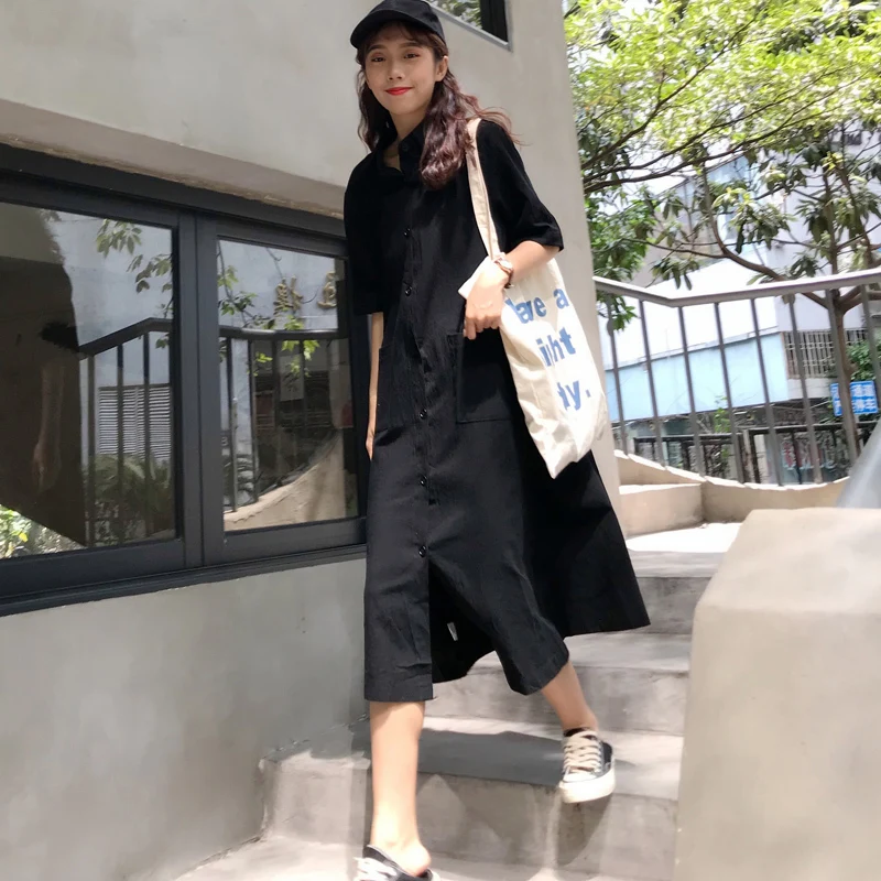 

shirt Dress summer korean style White Dresses Turn Down Collar Buttons long Dresses womens (C6146)