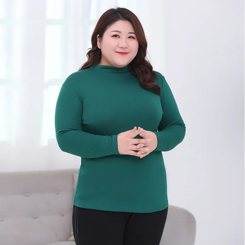 6XL, рубашки с длинным рукавом, высокий воротник, женские, плюс размер, хлопок, Теплые Топы, одноцветные, эластичные, приталенные, футболки для девушек, весна-осень