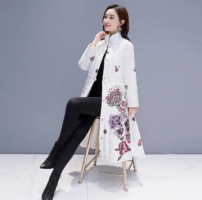 Элегантная юбка в китайском стиле с принтом, зимняя плотная теплая верхняя одежда, пальто, средний длинный стенд, воротник, тонкие женские парки, большие размеры 4XL