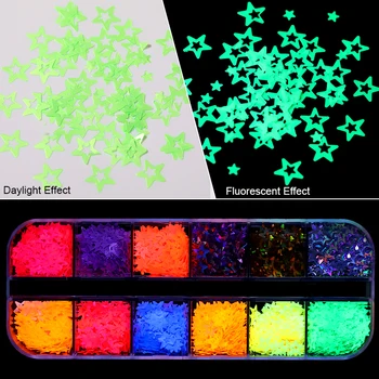 

12grids/Box Fluorescence Hollowing Star Nail Sequins Clolorful Maple leaf heart shape butterfly Designs Nail Decoration