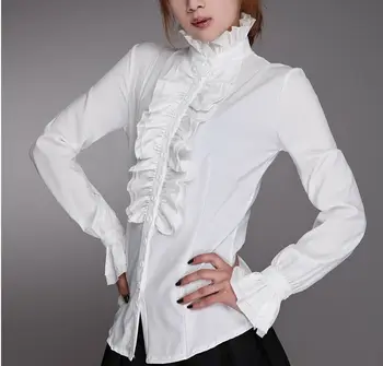 

Victorian Womens Shirts Tops High Neck Ruffles Long Sleeve Ruffles Solid Color Shirts OL Office Frilly Cuffs Blouse Autumn Tops
